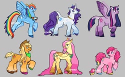Size: 1280x788 | Tagged: safe, artist:menmyshelf, derpibooru import, applejack, fluttershy, pinkie pie, rainbow dash, rarity, twilight sparkle, twilight sparkle (alicorn), alicorn, earth pony, pegasus, pony, unicorn, g4, alternate cutie mark, alternate design, alternate hairstyle, alternate tailstyle, applejack's hat, blonde, blonde mane, blonde tail, blue coat, blue eyes, bow, braid, chest fluff, clothes, coat markings, colored belly, colored eartips, colored eyebrows, colored hooves, colored horn, colored muzzle, colored pinnae, colored wings, cowboy hat, curly hair, curly mane, curly tail, curved horn, dappled, ear fluff, ear tufts, ears, eyelashes, eyeshadow, facial markings, female, flower, flower in hair, flying, folded wings, freckles, goggles, gray background, group, hair bow, hairclip, hat, hoof polish, hooves, hooves in air, horn, horn jewelry, jewelry, leonine tail, lidded eyes, long mane, long tail, looking back, makeup, mane six, mare, multicolored hair, multicolored hooves, multicolored mane, multicolored tail, multicolored wings, necklace, orange coat, pink coat, pink eyes, profile, purple coat, purple eyes, purple mane, purple tail, rainbow hair, rainbow tail, raised hoof, raised leg, redesign, scar, signature, simple background, smiling, socks (coat marking), spread wings, standing, tail, tail bow, tallershy, two toned mane, two toned tail, unshorn fetlocks, wall of tags, wavy mane, wavy mouth, wavy tail, white coat, wings, yellow coat, yellow mane, yellow tail
