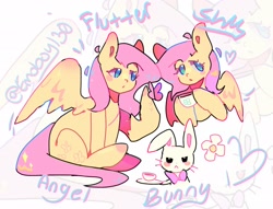 Size: 2048x1566 | Tagged: safe, artist:emoboy130, derpibooru import, angel bunny, fluttershy, butterfly, pegasus, pony, rabbit, g4, ahoge, animal, big ears, blue eyes, blue text, colored eyelashes, colored pinnae, cup, duality, duo, duo male and female, ears, female, flower, heart, heart eyes, hoof hold, male, mare, one wing out, partially open wings, pink mane, pink tail, raised hoof, raised leg, signature, sitting, tail, teacup, text, wingding eyes, wings, yellow coat, zoom layer
