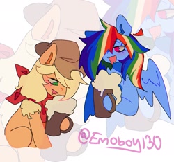 Size: 2075x1940 | Tagged: safe, artist:emoboy130, derpibooru import, applejack, rainbow dash, earth pony, pegasus, pony, g4, alcohol, applejack's hat, bandana, beer, blonde, blonde mane, blue coat, blushing, chest fluff, clothes, colored ear fluff, colored sclera, cowboy hat, drink, drinking, drool, duo, duo female, ear fluff, ears, eyelashes, female, green eyes, hat, hoof hold, looking at someone, looking down, mare, multicolored hair, multicolored mane, orange coat, partially open wings, pink eyes, ponytail, rainbow hair, raised hoof, raised leg, signature, sitting, wingding eyes, wings, yellow mane, zoom layer
