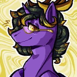 Size: 2000x2000 | Tagged: safe, derpibooru import, oc, oc only, oc:dio devoid, alicorn, pony, abstract background, antlers, black hair, glasses, golden eyes, highlights, looking at you, outline, pixel art, purple skin, side view, simple background, smiling, yellow background