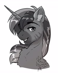 Size: 3234x4096 | Tagged: safe, artist:opalacorn, derpibooru import, oc, oc only, alicorn, zebra, zebracorn, bust, chest fluff, commission, grin, looking at you, male, simple background, smiling, smiling at you, solo, stallion, white background