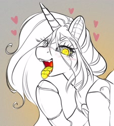 Size: 2831x3149 | Tagged: safe, artist:opalacorn, derpibooru import, oc, oc only, pony, robot, robot pony, unicorn, blushing, female, floating heart, gradient background, heart, horn, limited palette, looking at you, mare, open mouth, solo, tongue, tongue out