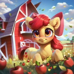 Size: 925x920 | Tagged: safe, ai content, derpibooru import, generator:purplesmart.ai, generator:stable diffusion, machine learning assisted, machine learning generated, apple bloom, earth pony, pony, g4, apple, beautiful, big eyes, blushing, bow, cloud, cute, detailed, detailed hair, ear fluff, ears, farm, flower, fluffy, food, grass, leaf, leaves, looking at you, orange eyes, prompter:saltyvity, red hair, sky, smiling, smiling at you, solo, sweet apple acres