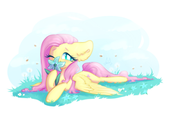 Size: 2003x1400 | Tagged: safe, artist:persikulka, derpibooru import, fluttershy, bee, insect, pegasus, pony, g4, cute, flower, looking at you, lying down, one eye closed, shyabetes, solo, spread wings, white pupils, wings