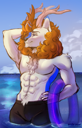 Size: 1891x2960 | Tagged: source needed, safe, artist:mirage, derpibooru import, oc, oc only, anthro, kirin, abs, antlers, biceps, chest fluff, clothes, colored, curly hair, curly mane, digital art, digital painting, fluff on the chest, full body, full color, fully shaded, high res, horns, inner tube, kirin oc, male, ocean, orange mane, pillow shading, pool toy, realistic anatomy, shorts, sketch, solo, summer, water, white coat