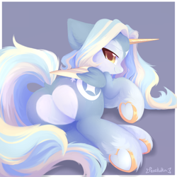 Size: 3000x3000 | Tagged: safe, artist:persikulka, artist:persikulkahouse, derpibooru import, oc, oc only, alicorn, pony, alicorn oc, bedroom eyes, butt, dock, featureless crotch, female, folded wings, heart butt, high res, hoof heart, horn, looking at you, looking back, looking back at you, lying down, mare, on side, plot, smiling, smiling at you, solo, tail, underhoof, wings