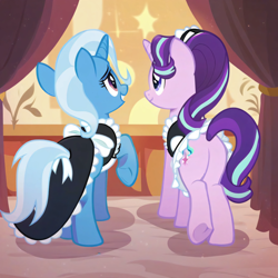 Size: 4096x4096 | Tagged: safe, ai content, derpibooru import, generator:pony diffusion v6 xl, generator:purplesmart.ai, generator:stable diffusion, machine learning generated, starlight glimmer, trixie, pony, unicorn, g4, anonymous prompter, butt, clothes, curtains, duo, duo female, female, horn, maid, mare, open mouth, plot, raised hoof, raised leg, rear view, show accurate, underhoof, upscaled