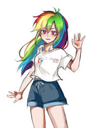 Size: 1580x2093 | Tagged: safe, artist:limomoxifanyilaina, derpibooru import, rainbow dash, human, g4, clothes, female, humanized, shirt, shorts, simple background, solo, t-shirt, white background