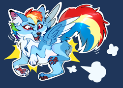 Size: 1501x1080 | Tagged: safe, artist:rr29578979, derpibooru import, rainbow dash, fox, g4, belly fluff, cheek fluff, chest fluff, ear fluff, ears, female, foxified, leg fluff, open mouth, paw pads, paws, solo, species swap, underpaw