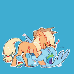 Size: 1080x1080 | Tagged: safe, artist:rr29578979, derpibooru import, applejack, rainbow dash, g4, appledash, cute, dashabetes, female, jackabetes, kissing, lesbian, lying down, on back, shipping, spread wings, wings