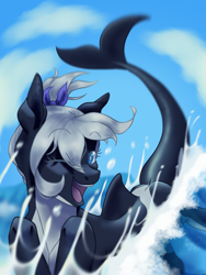 Size: 1500x2000 | Tagged: safe, artist:yeejay, derpibooru import, oc, oc:toy joy, orca, orca pony, original species, pony, whale, blue, looking at you, sky, solo, water