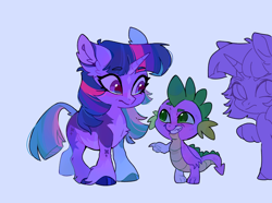 Size: 2598x1928 | Tagged: safe, artist:rr29578979, derpibooru import, spike, twilight sparkle, unicorn twilight, dragon, pony, unicorn, g4, alternate design, ear fluff, ears, female, horn, leonine tail, looking at each other, looking at someone, male, simple background, tail