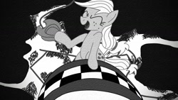 Size: 1280x720 | Tagged: safe, artist:dhm, derpibooru import, applejack, earth pony, pony, g4, applejack's hat, atomic bomb, black and white, bomb, clothes, cowboy hat, dexterous hooves, digital art, dr. strangelove, eyes closed, falling, film grain, grayscale, hat, monochrome, movie reference, nuclear weapon, open mouth, open smile, riding, rodeo, smiling, solo, weapon