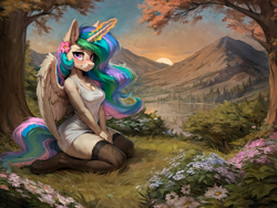 Size: 2048x1536 | Tagged: safe, ai content, derpibooru import, generator:easyfluff v11.2, generator:stable diffusion, machine learning generated, princess celestia, alicorn, anthro, unguligrade anthro, g4, bedroom eyes, blushing, chest fluff, closed mouth, clothes, dress, ear fluff, ears, embarrassed, female, flower, flower in hair, fluffy, full body, high res, horn, kneeling, lake, light skin, long hair, looking at you, magic, mare, nature, outdoors, partially open wings, prompter:kalmar, purple eyes, scenery, socks, solo, spread wings, stockings, sunrise, tail, thigh highs, tree, water, white dress, wings