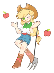 Size: 722x980 | Tagged: safe, artist:iceyjun628, derpibooru import, part of a set, applejack, human, g4, pitchfork, simple background, solo, white background