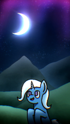 Size: 1152x2048 | Tagged: safe, artist:sirius leaf, derpibooru import, trixie, pony, unicorn, g4, aurora borealis, detailed background, female, horn, looking up, mare, moon, mountain, night, solo