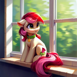 Size: 1024x1024 | Tagged: safe, ai content, derpibooru import, generator:pony diffusion v6 xl, generator:stable diffusion, machine learning generated, roseluck, earth pony, pony, g4, behaving like a cat, collar, cute, pet tag, pony pet, prompter:doom9454, rosepet, sitting, window