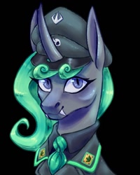 Size: 1024x1280 | Tagged: safe, artist:mr.catfish, derpibooru import, oc, oc:queen aurantia, changedling, changeling, equestria at war mod, blue eyes, clothes, equestria rises still (equestria at war submod), fangs, female, green mane, long ears, looking at you, military uniform, necktie, simple background, smiling, solo, uniform