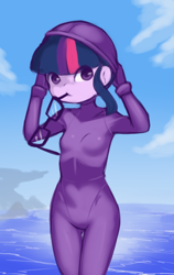 Size: 624x990 | Tagged: safe, artist:drantyno, derpibooru import, sci-twi, twilight sparkle, equestria girls, g4, female, glasses, glasses off, looking at you, mouth hold, ocean, solo, water, wetsuit