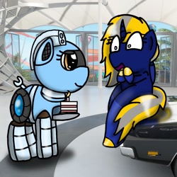 Size: 1080x1080 | Tagged: safe, artist:foxfer64_yt, derpibooru import, oc, oc only, oc:silverstream (robot pony), oc:trixie blaze, alicorn, original species, pony, robot, robot pony, amazed, cake, car, food, looking at each other, looking at someone, looking at something