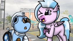 Size: 1920x1080 | Tagged: safe, artist:foxfer64_yt, derpibooru import, silverstream, oc, oc only, oc:silverstream (robot pony), hippogriff, original species, pony, robot, robot pony, asking, city, looking at each other, looking at someone, looking up, namesake, one eye closed, pun, question mark, visual pun, wink