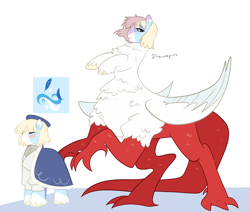 Size: 3544x3003 | Tagged: safe, artist:aztrial, derpibooru import, draconequus, earth pony, pony, anime, blaze (coat marking), blush lines, blushing, cape, clothes, coat markings, colored eartips, colored hooves, dungeon meshi, facial markings, falin touden, folded wings, not an oc, ponified, rearing, simple background, socks (coat marking), species swap, standing, unshorn fetlocks, white background, wings