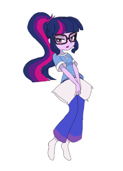 Size: 1353x1891 | Tagged: safe, artist:cheesesauce_45, derpibooru import, sci-twi, twilight sparkle, human, equestria girls, g4, blushing, clothes, female, glasses, lidded eyes, open mouth, pajamas, pillow, ponytail, simple background, solo, white background