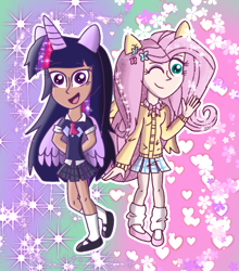 Size: 768x874 | Tagged: safe, artist:hataridoomswqn1999, derpibooru import, fluttershy, twilight sparkle, human, g4, alicorn humanization, bowtie, cardigan, clothes, cute, duo, duo female, eared humanization, eyeshadow, female, horn, horned humanization, humanized, leg warmers, makeup, mary janes, one eye closed, open mouth, shirt, shoes, shyabetes, skirt, socks, stockings, sweater vest, thigh highs, twiabetes, vest, winged humanization, wings, wink