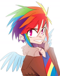 Size: 1240x1550 | Tagged: safe, artist:colorspaint15, derpibooru import, rainbow blitz, rainbow dash, human, g4, bomber jacket, clothes, grin, humanized, jacket, male, rule 63, shirt, simple background, smiling, solo, white background, winged humanization, wings