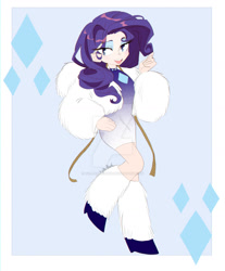 Size: 1280x1545 | Tagged: safe, artist:colorspaint15, derpibooru import, rarity, human, g4, bedroom eyes, clothes, deviantart watermark, dress, eyeshadow, female, fur coat, high heels, humanized, leg warmers, makeup, measuring tape, obtrusive watermark, open mouth, shoes, solo, watermark