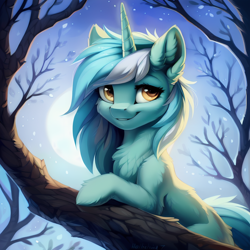 Size: 1536x1536 | Tagged: safe, ai content, derpibooru exclusive, derpibooru import, generator:stable diffusion, machine learning generated, lyra heartstrings, pony, unicorn, g4, chest fluff, ear fluff, ears, female, forest, generator:furryrock, horn, looking at you, lying down, mare, moon, nature, night, night sky, outdoors, prompter:seashell, sky, smiling, smiling at you, solo, tail, tree, two toned mane, two toned tail
