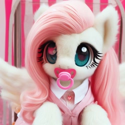 Size: 1024x1024 | Tagged: source needed, safe, ai content, derpibooru import, generator:bing image creator, generator:dall-e 3, machine learning generated, fluttershy, pegasus, g4, baby, buttons, cardigan, clothes, collar, cute, fluffy, heart, irl, pacifier, photo, pink, plushie, prompter needed, raised hooves, shirt, shyabetes