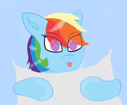 Size: 931x775 | Tagged: safe, artist:theonlyone, derpibooru import, rainbow dash, pegasus, pony, blue background, cute, dashabetes, ear fluff, ears, hooves, multicolored hair, pillow, rainbow hair, simple background, solo