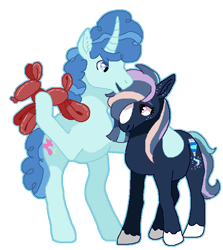 Size: 623x700 | Tagged: safe, derpibooru import, party favor, oc, earth pony, pony, unicorn, balloon, balloon animal, height difference, horn, no source available