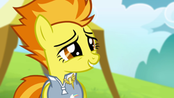 Size: 1280x720 | Tagged: safe, derpibooru import, screencap, spitfire, pegasus, pony, g4, rainbow falls, clothes, cute, cutefire, female, rainbow falls (location), smiling, solo, warmup suit