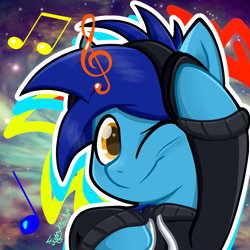 Size: 1280x1280 | Tagged: safe, artist:funnyk16, derpibooru import, oc, oc:apply, pegasus, abstract background, clothes, headphones, hoodie, looking at you, music notes, one eye closed, solo, wink, winking at you