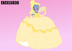Size: 1130x800 | Tagged: safe, artist:excelso36, oc, oc only, oc:azure/sapphire, human, equestria girls, g4, blushing, clothes, crossdressing, dress, femboy, makeup, male, nervous, princess gown, simple background, solo, wig