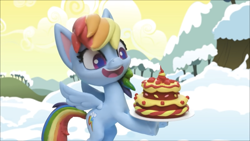 Size: 1334x750 | Tagged: safe, screencap, rainbow dash, pegasus, pony, ice and slice, my little pony: stop motion short, cake, cute, dashabetes, female, happy, mare, snow, solo, winter