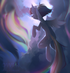 Size: 1926x1992 | Tagged: safe, artist:_blacksswan_, artist:_gassfra, artist:blacksswan, artist:blcksswn, derpibooru import, rainbow dash, pegasus, pony, g4, abstract background, big ears, cheek fluff, chest fluff, cloud, concave belly, ear fluff, ears, female, flying, hooves in air, in air, leg fluff, lineless, long tail, mare, multicolored hair, multicolored mane, multicolored tail, open mouth, open smile, rainbow hair, rainbow tail, rear view, sky, smiling, solo, sonic rainboom, spread wings, tail, watermark, wings