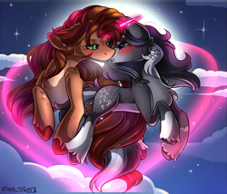 Size: 2451x2100 | Tagged: safe, alternate version, artist:yuris, derpibooru import, oc, oc:fleeting lights, oc:lochlann, earth pony, pony, unicorn, alternate character, blushing, ears back, ears up, female, flying, full moon, horn, imminent kissing, magic, magic aura, male, moon, night, shipping, sky, straight