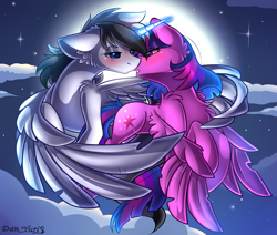 Size: 2451x2080 | Tagged: safe, alternate version, artist:yuris, derpibooru import, twilight sparkle, twilight sparkle (alicorn), oc, alicorn, pony, alternate character, blushing, ears back, ears up, female, flying, full moon, imminent kissing, male, moon, night, shipping, sky, straight