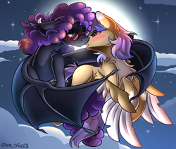 Size: 2451x2080 | Tagged: safe, alternate version, artist:yuris, derpibooru import, oc, bat pony, pegasus, pony, alternate character, blushing, ears back, ears up, female, flying, full moon, glasses, imminent kissing, male, moon, night, shipping, sky, straight