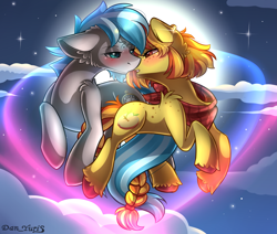 Size: 2451x2080 | Tagged: safe, alternate version, artist:yuris, derpibooru import, oc, earth pony, pony, alternate character, blushing, ears back, ears up, female, flying, full moon, imminent kissing, male, moon, night, shipping, sky, straight