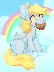 Size: 1536x2048 | Tagged: safe, artist:ibbledribble, derpibooru import, derpy hooves, pegasus, pony, g4, ahoge, beanbrows, big ears, cloud, colored eyebrows, colored hooves, colored pinnae, derp, ears, eyebrows, eyebrows visible through hair, female, folded wings, food, golden eyes, gray coat, leg fluff, mare, mouth hold, muffin, on a cloud, rainbow, shiny hoof, simple, sitting, sitting on cloud, sky background, smiling, tail, unshorn fetlocks, wingding eyes, wings, yellow mane, yellow tail