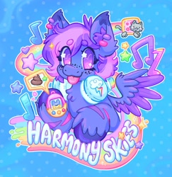 Size: 1990x2048 | Tagged: safe, artist:ibbledribble, derpibooru import, oc, oc only, oc:harmony skies, pegasus, badge, blue coat, coat markings, colored ear fluff, colored eartips, colored eyebrows, colored hooves, colored wings, colored wingtips, commission, ear piercing, earring, eye clipping through hair, eyebrows, eyebrows visible through hair, eyelashes, freckles, headphones, hoof hold, jewelry, music notes, nyan cat, patterned background, pegasus oc, piercing, purple eyes, rainbow, raised hoof, raised leg, smiling, solo, sparkly eyes, speec bubble, spread wings, stars, stripes, tamagotchi, tongue, tongue out, two toned mane, two toned wings, unshorn fetlocks, wingding eyes, wings