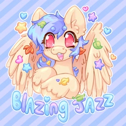 Size: 2048x2048 | Tagged: safe, artist:ibbledribble, derpibooru import, oc, oc:blazing jazz, pegasus, pony, badge, beanbrows, blue mane, blue text, blushing, colored eyebrows, commission, ear fluff, ears, eye clipping through hair, eyebrows, eyebrows visible through hair, eyelashes, heart, heart nostrils, hooves together, leaves, leaves in hair, looking at you, male, open mouth, open smile, outline, partially open wings, patterned background, pegasus oc, pink eyes, purple text, smiling, solo, sparkly eyes, stallion, stars, teeth, text, two toned mane, unshorn fetlocks, wing fluff, wingding eyes, wings, yellow coat