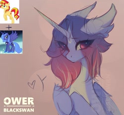 Size: 1280x1188 | Tagged: safe, artist:_gassfra, derpibooru import, oc, oc only, alicorn, alicorn oc, big ears, big eyes, blue coat, blushing, colored belly, ear fluff, ears, eye clipping through hair, eyebrows, eyebrows visible through hair, eyelashes, facial markings, folded wings, fusion, fusion:princess luna, fusion:sunset shimmer, gradient mane, heart, hooves to the chest, hooves together, horn, long horn, pink eyes, purple mane, signature, simple background, sketch, smiling, unnamed oc, watermark, wings