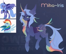 Size: 1280x1051 | Tagged: safe, artist:_gassfra, derpibooru import, oc, oc only, oc:mika-iris, pony, unicorn, g4, abstract background, blue coat, blue mane, blue tail, blushing, butt fluff, coat markings, colored ear fluff, concave belly, curved horn, ear fluff, ear piercing, earring, ears, eye clipping through hair, eyebrows, eyebrows visible through hair, female, fetlock tuft, folded wings, fusion, fusion:princess luna, fusion:rainbow dash, gradient horn, gradient legs, green eyes, hooves in air, horn, jewelry, leg fluff, long hair, long tail, looking away, mare, multicolored mane, multicolored tail, piercing, slender, smiling, solo, sparkles, tail, thin, unicorn oc, watermark, wingding eyes, wings