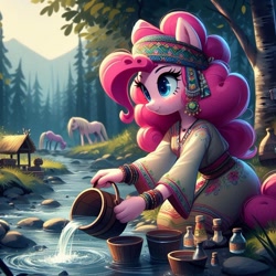 Size: 1024x1024 | Tagged: source needed, safe, ai content, derpibooru import, machine learning generated, pinkie pie, anthro, g4, cyrillic, prompter needed, russian, slavic
