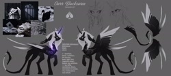 Size: 2048x916 | Tagged: safe, artist:_gassfra, derpibooru import, oc, oc:ower blackswan, alicorn, pony, ahoge, alicorn oc, bandage, bandaged tail, big ears, big eyes, black coat, black tail, chest fluff, colored wings, colored wingtips, concave belly, curved horn, ear fluff, ears, eye clipping through hair, eyebrows, eyebrows visible through hair, eyeshadow, female, fetlock tuft, floppy ears, frown, glowing, glowing horn, gray background, hoof fluff, horn, large wings, leg fluff, leonine tail, lidded eyes, long mane, magic, makeup, mare, moodboard, profile, raised hoof, raised leg, reference sheet, ribcage, ribs, shiny eyes, simple background, sketch, slender, smiling, solo, standing, tail, tail fluff, tall, text, thin, two toned wings, unicorn horn, wavy mane, white eyes, white mane, white text, wingding eyes, wings